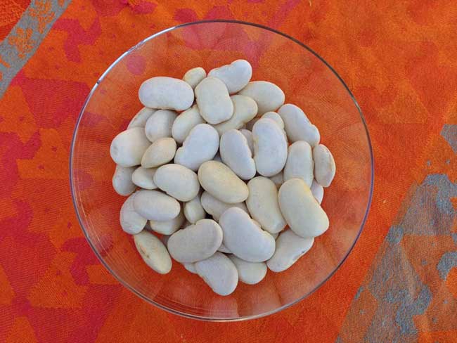 玻璃碗，盛有大的干白豆，放在红布上。